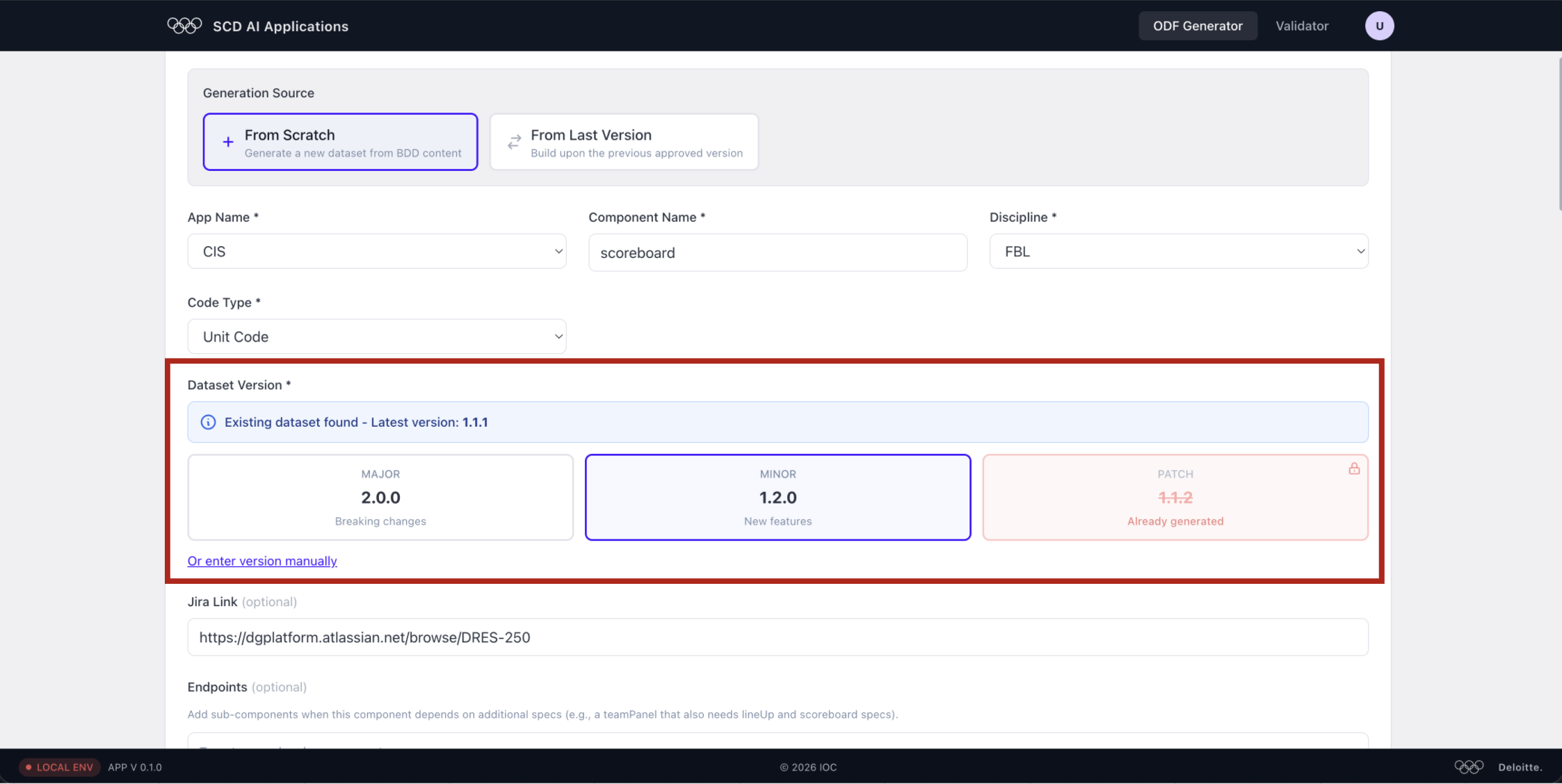 Dataset Version section with Major / Minor / Patch options highlighted