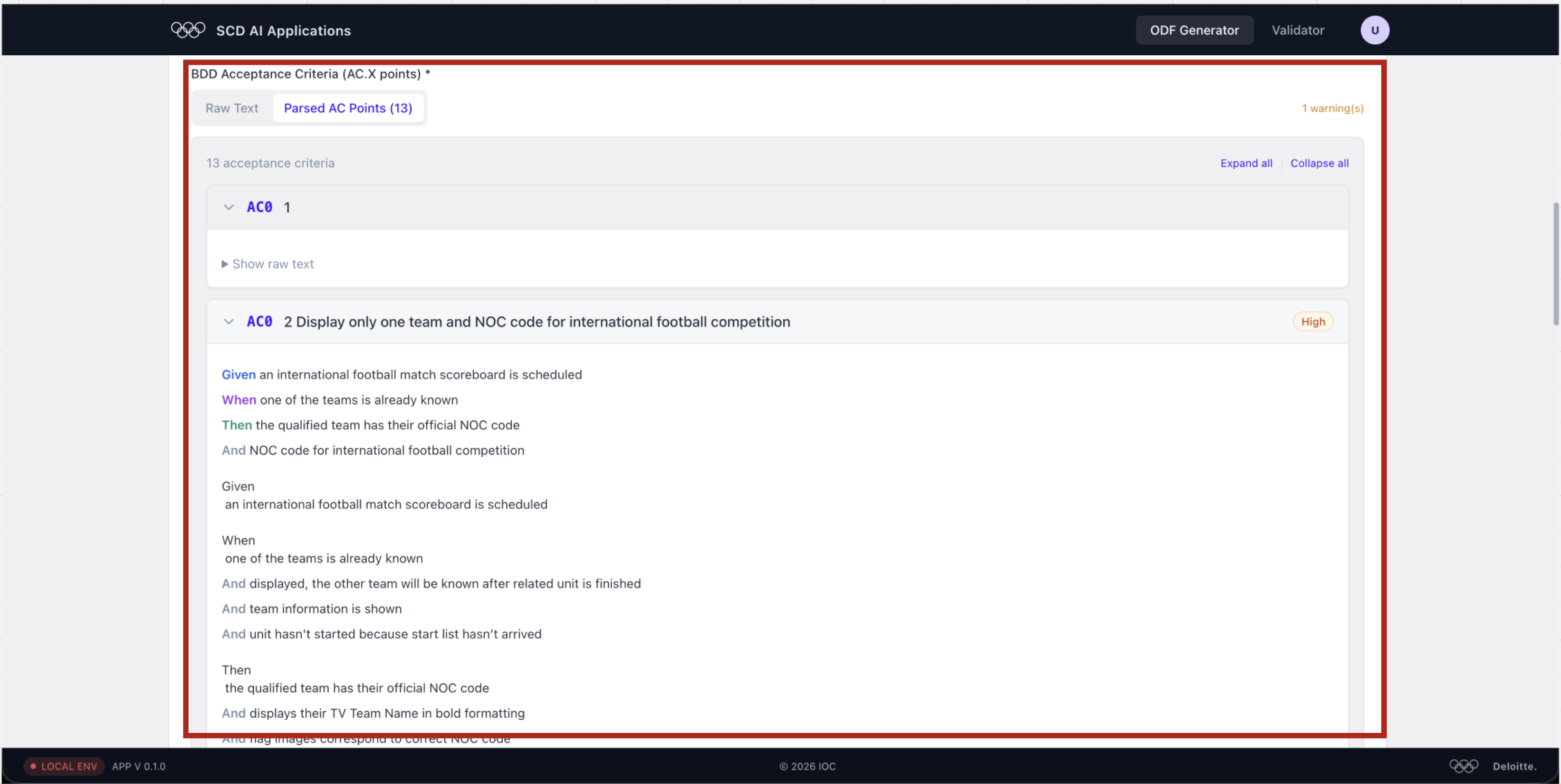 BDD Acceptance Criteria section with Parsed AC Points view highlighted