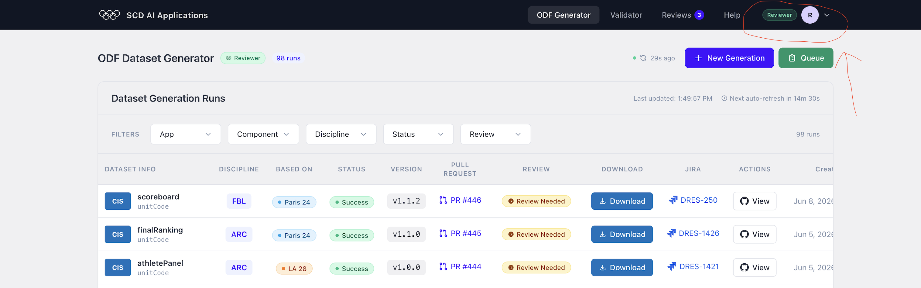 Dashboard with the Reviewer badge and Queue button highlighted