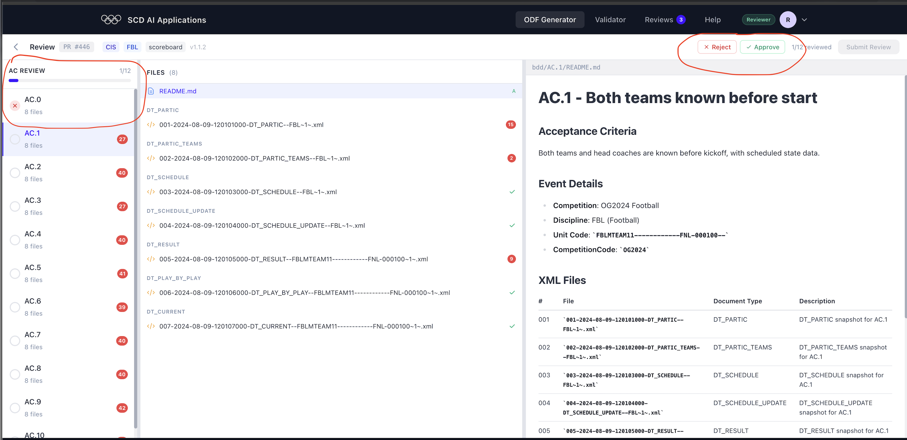 AC.0 rejected, now reviewing AC.1 — Approve/Reject buttons highlighted