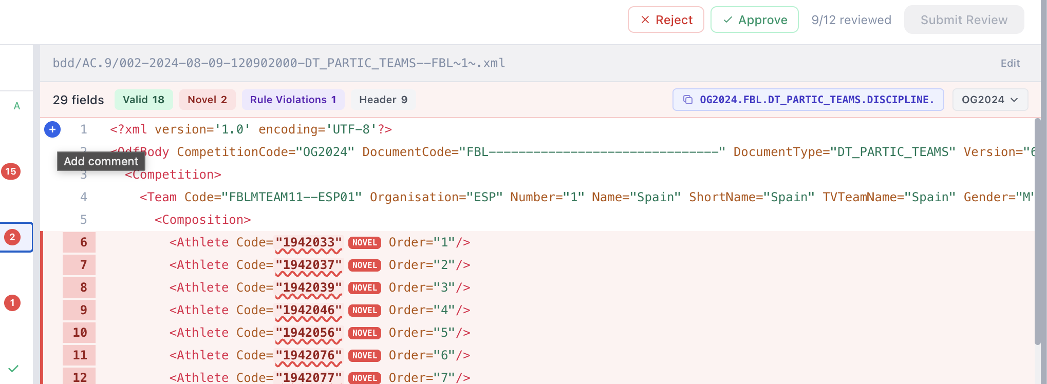 XML viewer with field badges and an Add comment button