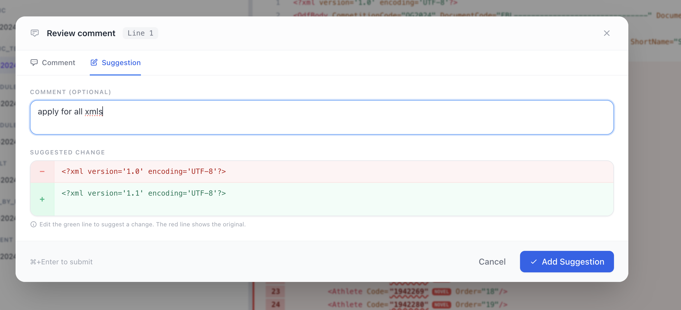 Review comment box with a suggested change diff