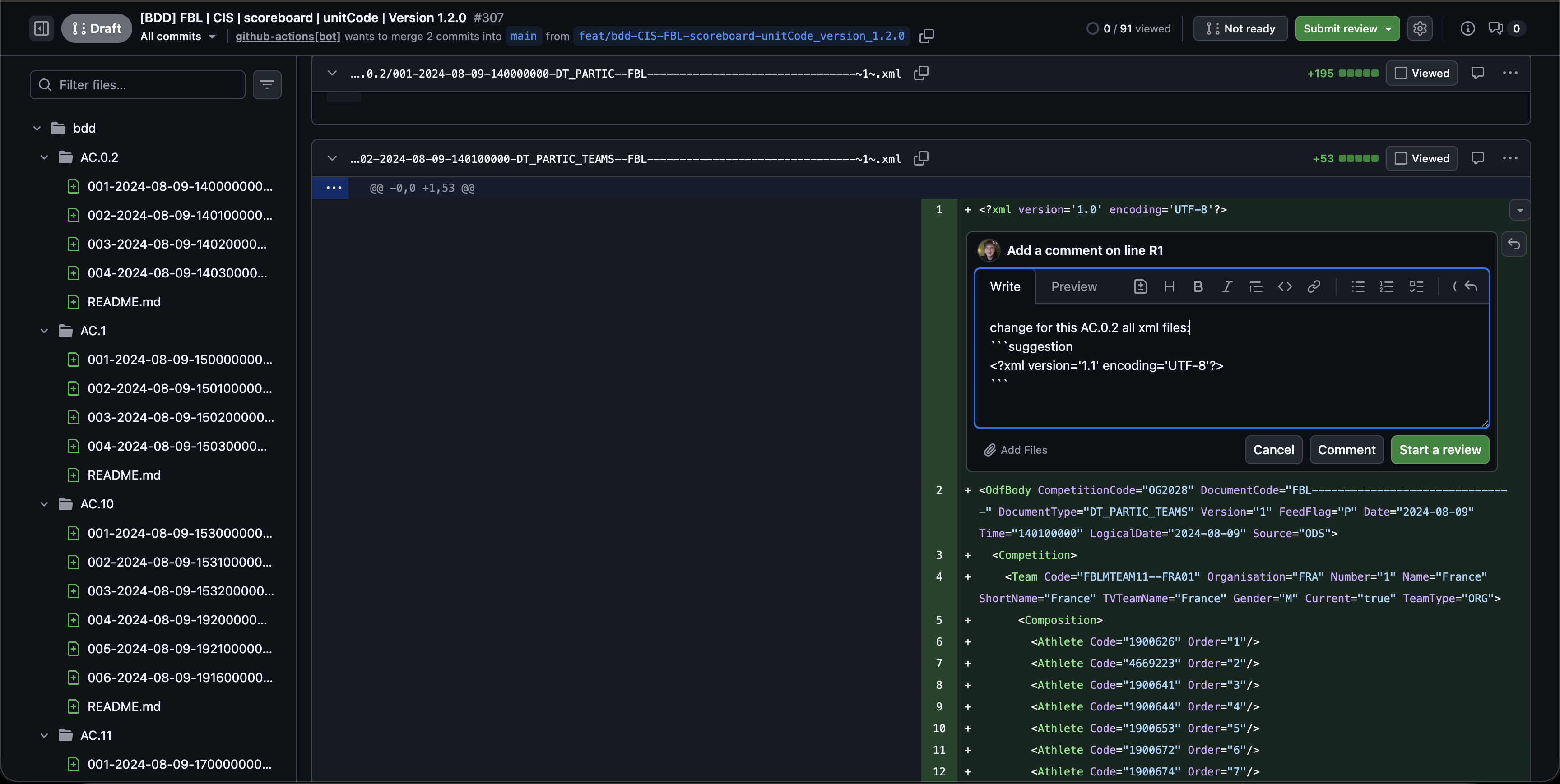 Inline comment on AC.0.2 DT_PARTIC_TEAMS — suggesting XML version bump