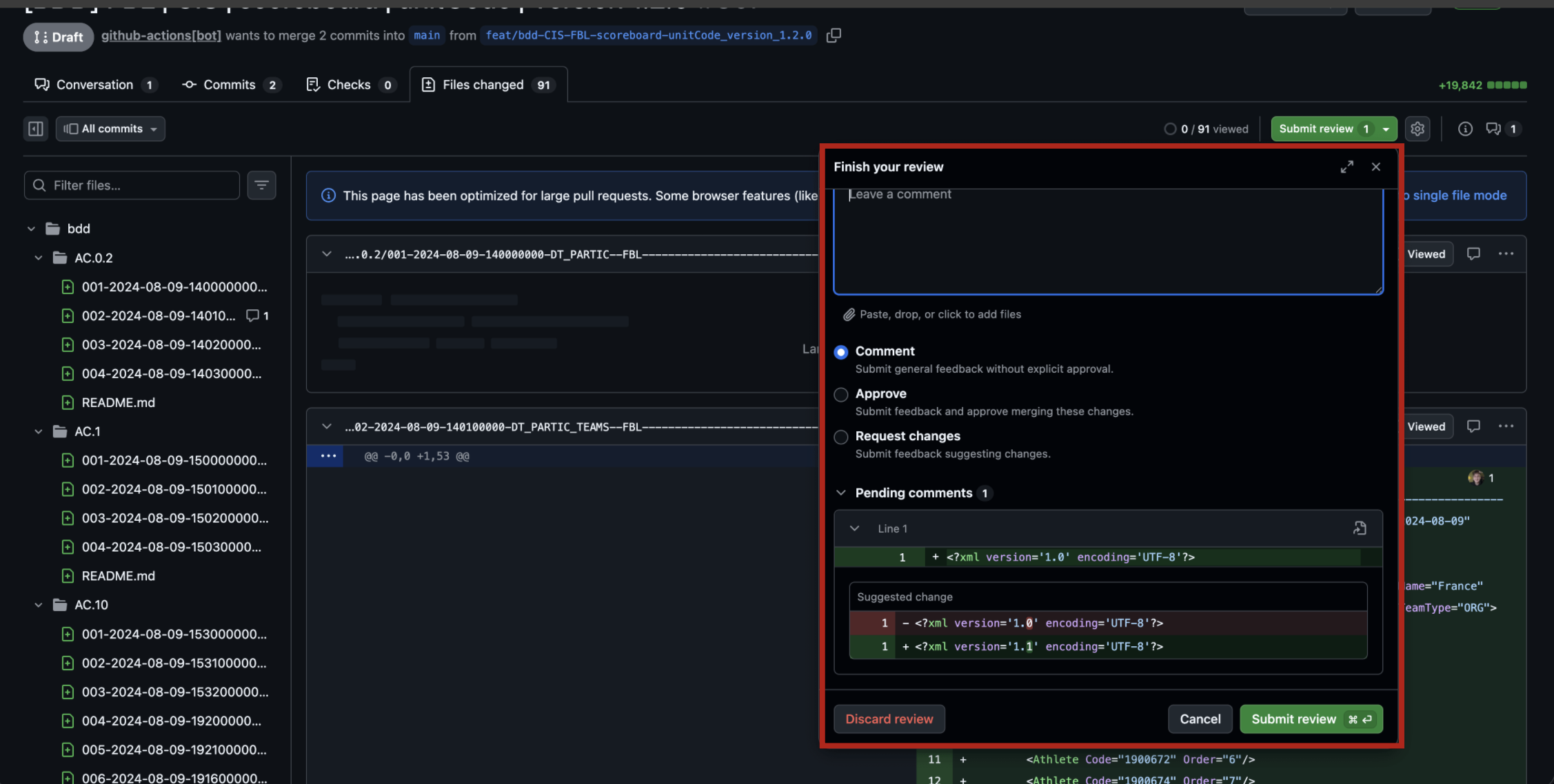 Finish your review dialog — pending comment with suggested change visible