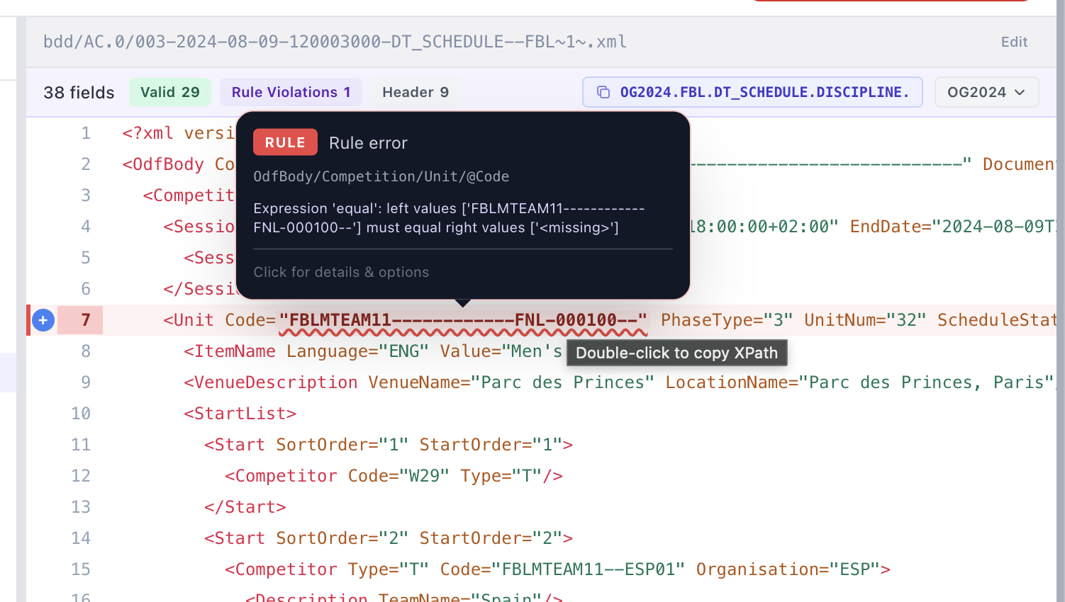 XML viewer showing a Rule error tooltip on a flagged line