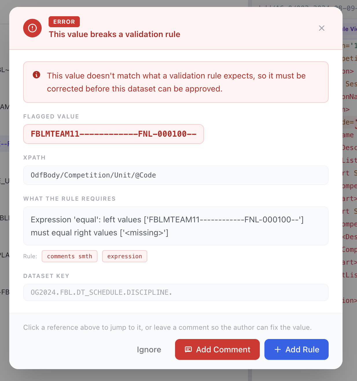 Rule violation detail dialog with Ignore, Add Comment and Add Rule