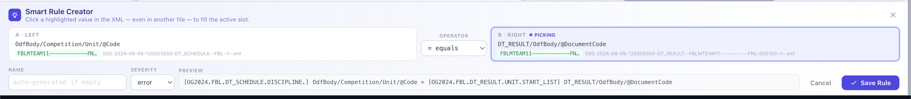 Smart Rule Creator with both sides filled, ready to save